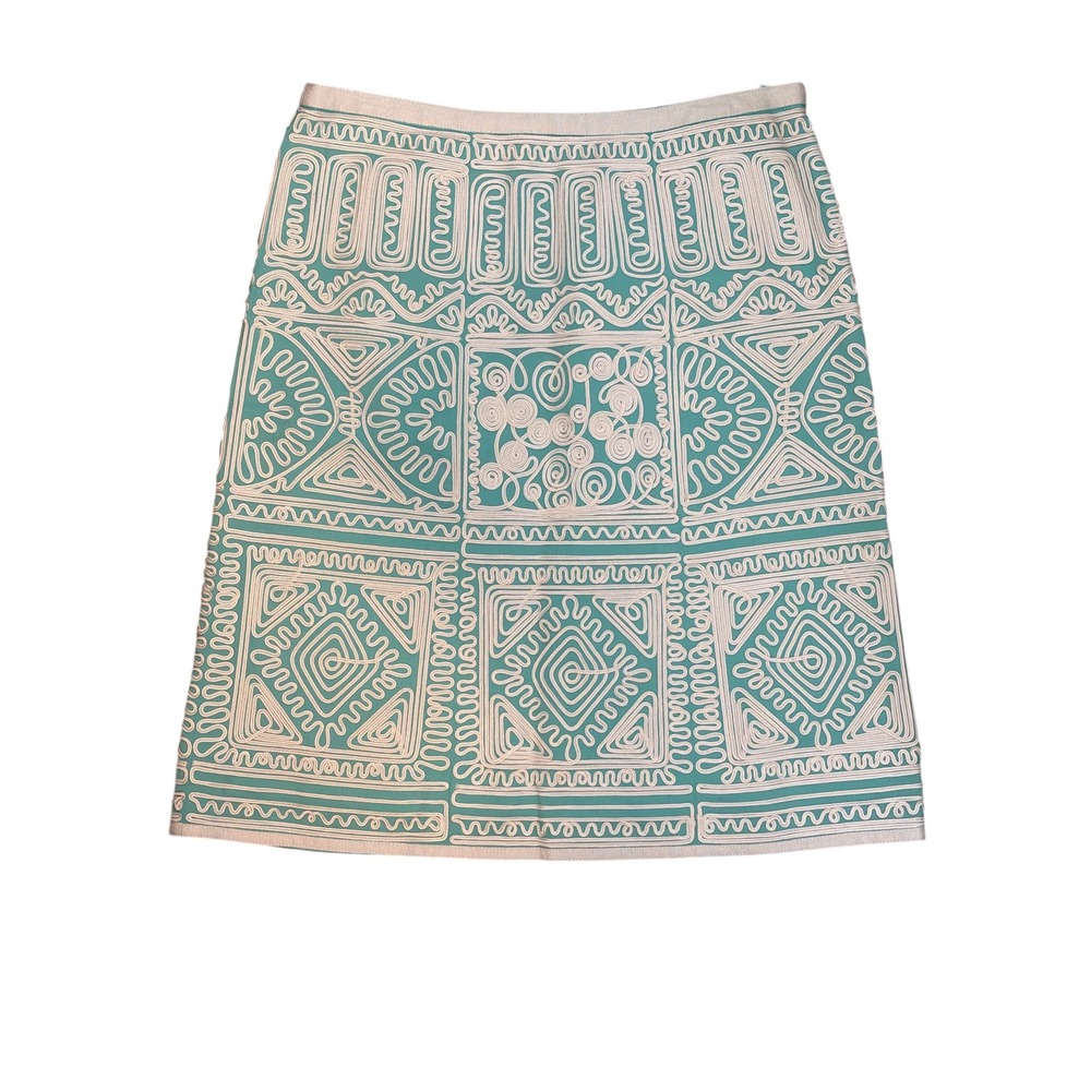 Etcetera Womens Turquoise Blue White Soutache Embroidered Cotton A-Line Skirt 4